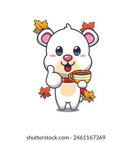 Cute polar bear with coffee in autumn season. Mascot cartoon vector illustration suitable for poster, brochure, web, mascot, sticker, logo and icon.