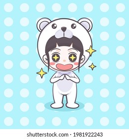 Cute polar bear costume girl cartoon illustration