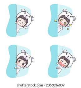 Cute Polar Bear Costume Girl Hiding Cartoon Illustration