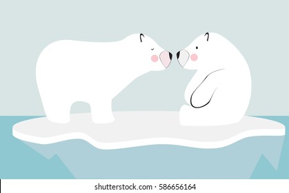 Cute polar bear couple kissing on iceberg vector. Child drawings style illustration.