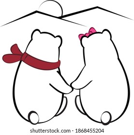 A cute polar bear  couple looking sunset