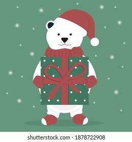 Cute polar bear cub with a big gift. Bear in the hat of Santa Claus. Christmas New Year. Vector illustration