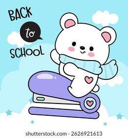 Cute Polar Bear Cub Cartoon ride Stapler on Sky.
Back to School Kids Kawaii Animals. Flat Illustration.