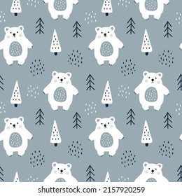 Cute polar bear cub and fir tree seamless pattern. Winter background with funny woodland forest animal. Hand drawn cartoon vector illustration