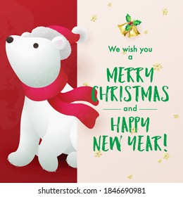 Cute polar bear cub with signboard wishing Merry Christmas. Christmas and new year holiday greeting card. Vector illustration