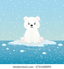 Nettes Eisbärenjunges sitzt auf Eisscholle im arktischen Ozean, winterlicher Schneefallhintergrund.