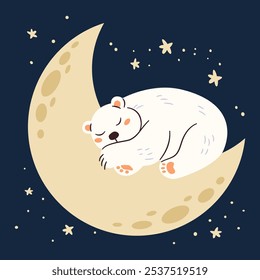 Cute polar bear cub sleeping on the moon, flat vector illustration in watercolor style, dark background