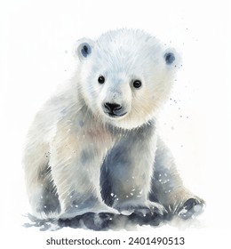 Cute polar bear cub watercolor vector illustration, baby animal drawing, winter cartoon character print design, art on white background
