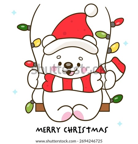 Cute Polar bear cubs on swing kawaii Christmas (whimsical characters). Happy new year greeting card. Holiday cartoon xmas kids winter season. Flat illustration for clipart 