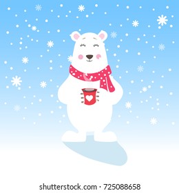 Cute polar bear with a cup of coffee, tea, cocoa on snowy background. Winter teddy bear,hand drawn vector illustration. Can be used for kids/babies shirt design, fashion print design,t-shirt