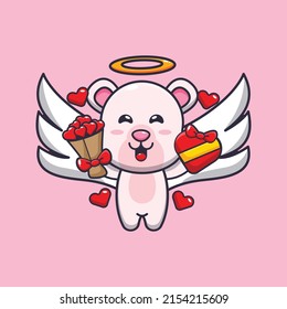 cute polar bear cupid cartoon character holding love gift and love bouquet