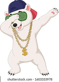 Cute polar bear dabbing dance wearing sunglasses, hat, and gold necklace
