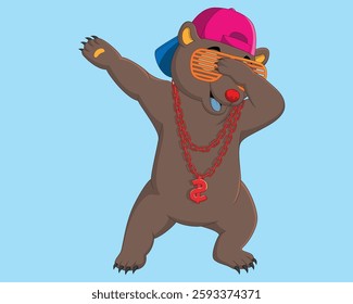 Cute polar bear dabbing dance wearing sunglasses, hat, and gold necklace vector