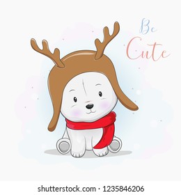 cute polar bear with deer hat and scarf