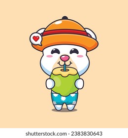 Cute polar bear drink fresh coconut cartoon illustration. Cute summer cartoon illustration. 