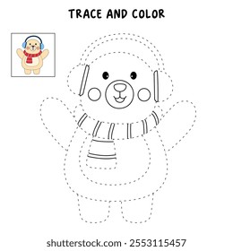 Cute polar bear with earmuffs and scarf coloring pages for kids. Trace and color cute polar bear winter christmas character. Holiday seasons worksheet printable for kids. Christmas worksheet.