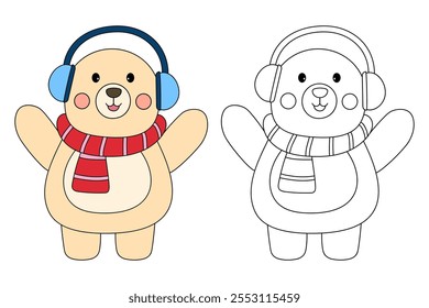 Cute polar bear with earmuffs and scarf coloring pages for kids. Trace and color cute polar bear winter christmas character. Holiday seasons worksheet printable for kids. Christmas worksheet.