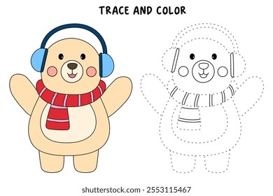 Cute polar bear with earmuffs and scarf coloring pages for kids. Trace and color cute polar bear winter christmas character. Holiday seasons worksheet printable for kids. Christmas worksheet.