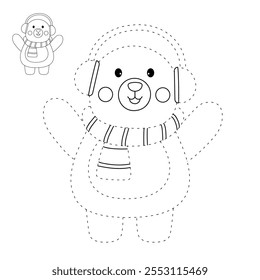 Cute polar bear with earmuffs and scarf coloring pages for kids. Trace and color cute polar bear winter christmas character. Holiday seasons worksheet printable for kids. Christmas worksheet.