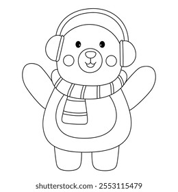 Cute polar bear with earmuffs and scarf coloring pages for kids. Trace and color cute polar bear winter christmas character. Holiday seasons worksheet printable for kids. Christmas worksheet.