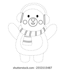 Cute polar bear with earmuffs and scarf coloring pages for kids. Trace and color cute polar bear winter christmas character. Holiday seasons worksheet printable for kids. Christmas worksheet.