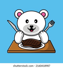 Cute Polar Bear Eat Steak With Fork And Knife On Table Cartoon Vector Icon Illustration. Animal Food Icon Concept Isolated Premium Vector.