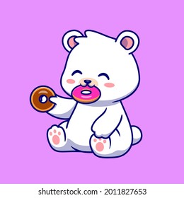 Cute Polar Bear Eating Doughnut Cartoon Vector Icon Illustration. Animal Food Icon Concept Isolated Premium Vector. Flat Cartoon Style