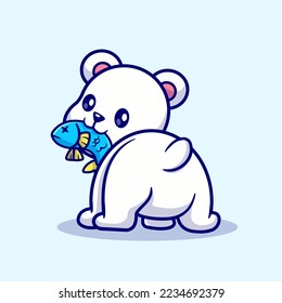 Cute Polar Bear Eating Fish Cartoon Vector Icon Illustration. Animal Nature Icon Concept Isolated Premium Vector. Flat Cartoon Style