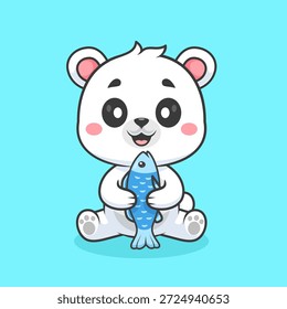 Urso Polar Bonito Comendo Peixe Ícone Vetor Desenho Animado Ilustração. Animal Food Icon Conceito Isolado Premium Vetor. Estilo de Desenho Animado Plano