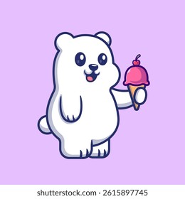 Cute Polar Bear Eating Ice Cream Cartoon Vector Icon Illustration. Animal Food Icon Concept Isolated Premium Vector. Flat Cartoon Style