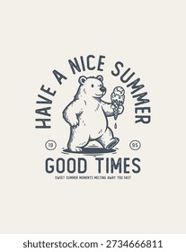 Cute Polar Bear Eating Ice Cream Summer Good Times Illustration Typography T-shirt design print