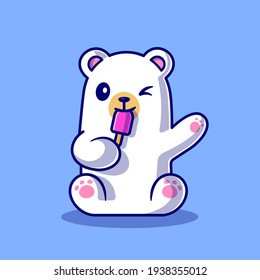 Cute Polar Bear Eating Popsicle Ice Cream Cartoon Vector Icon Illustration. Animal Food Icon Concept Isolated Premium Vector. Flat Cartoon Style