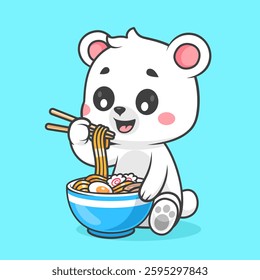 Cute Polar Bear Eating Ramen Noodle With Chopstick Cartoon Vector Icon Illustration. Animal Food Icon Concept Isolated Premium Vector. Flat Cartoon Style