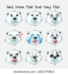 Emoji bonito de urso polar com 9 expressões kawaii. Ilustração vetorial colorida plana para adesivos, ícones, designs de inverno e clipart infantil.
