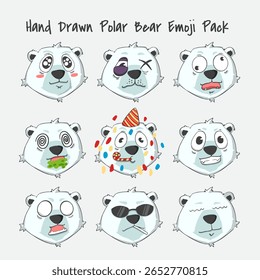 Emoji bonito de urso polar com 9 expressões kawaii. Ilustração vetorial colorida plana para adesivos, ícones, designs de inverno e clipart infantil.