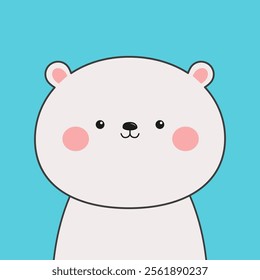 Cute polar bear face head. Black contour doodle silhouette. Kawaii animal. Cartoon funny character. Funny bear with pink ears, cheeks. Love Greeting card. Flat design. Blue background. Vector