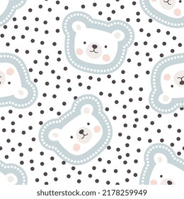 cute polar bear face on a pastel blue seamless pattern for kids room, scandinavian polka dot background with kawaii animals, childish wrapping paper, fabric and textile print