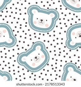 cara de oso polar lindo en un patrón azul sin costura para habitación infantil, fondo de punto polka escandinavo con animales kawaii, papel de envoltura infantil, tela e impresión textil
