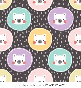 Cute polar bear face Scandinavian colourful kids seamless pattern background, woodland animals childish digital print for wrapping paper, fabric and textile