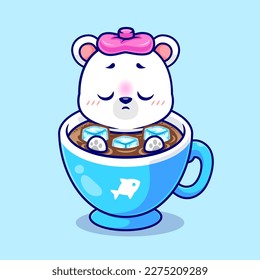 Cute Polar Bear Fever In Coffee Cartoon Vector Icon Illustration. Animal Drink Icon Concept Isolated Premium Vector. Flat Cartoon Style