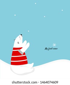 Cute polar bear with the first snow isolated on a blue background. funny cartoon character for winter.