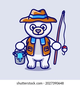 cute polar bear fisherman cartoon illustration