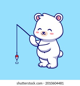 Cute Polar Bear Fishing Cartoon Vector Icon Illustration. Animal Nature Icon Concept Isolated Premium Vector. Flat Cartoon Style