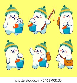 cute polar bear fishing a fish cartoon vector IIlustration with beanie set