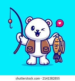 Cute Polar Bear Fishing With Fishing Rod And Fish Cartoon Vector Icon Illustration. Animal Nature Icon Concept Isolated Premium Vector. Flat Cartoon Style