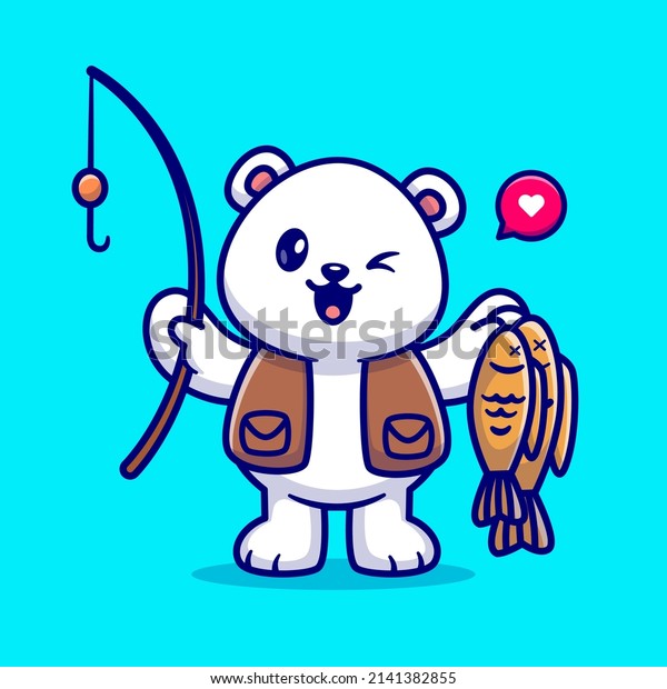 Cute Polar Bear Fishing With Fishing\
Rod And Fish Cartoon Vector Icon Illustration. Animal Nature Icon\
Concept Isolated Premium Vector. Flat Cartoon\
Style