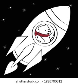 A cute polar bear flies in a space rocket 
