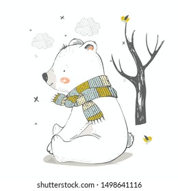 Cute polar bear in the forest. Hand drawn vector illustration.Can be used for t-shirt print, kids wear fashion design, baby shower invitation card.