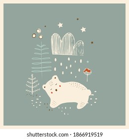 Cute polar bear in forest. Hand drawn vector illustration.