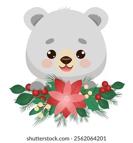 Cute polar bear with garland of fir branches, mistletoe, holly and flower. Vector illustration for poster, greeting card and design for kids.